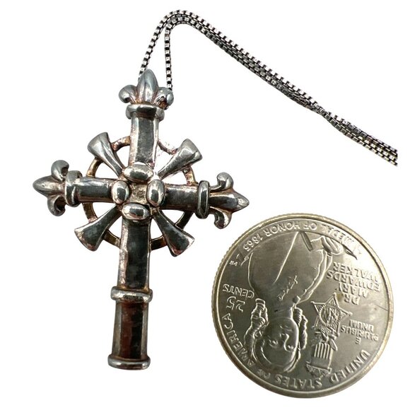 Unisex Silver Fleur-De-Lis Cross 1.75" Pendant Necklace 18" 925 Box Chain Vtg - Picture 3 of 8